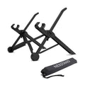 Sagacious black portable folding laptop stand with carrying case, shown folded to 40cm length.