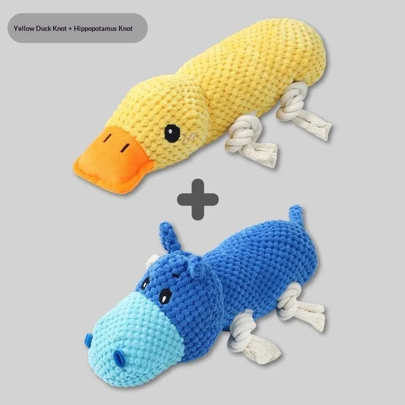 PVC chewing and teeth-cleaning plush pet toy with sound, available in crocodile, donkey, hippo and yellow duck styles