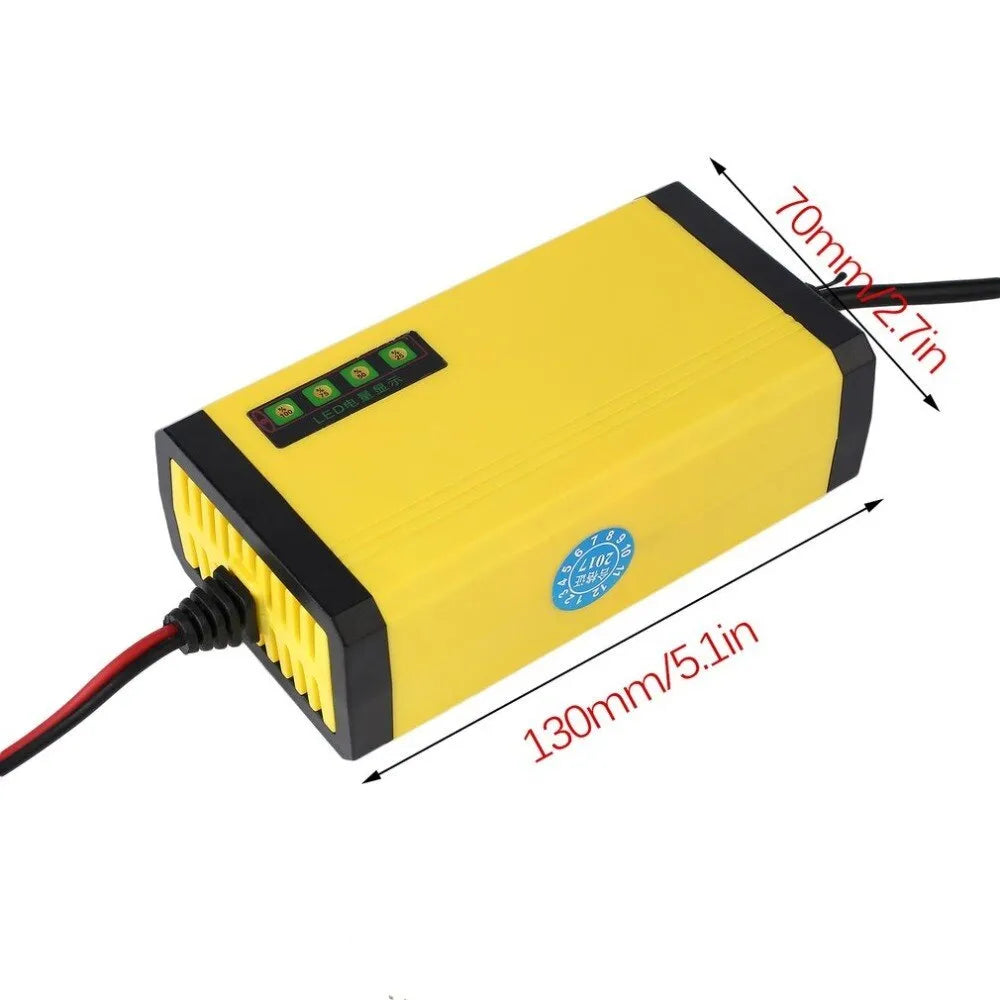 Yellow 12V 2A motorcycle battery charger with ABS body, alligator clips and EU plug