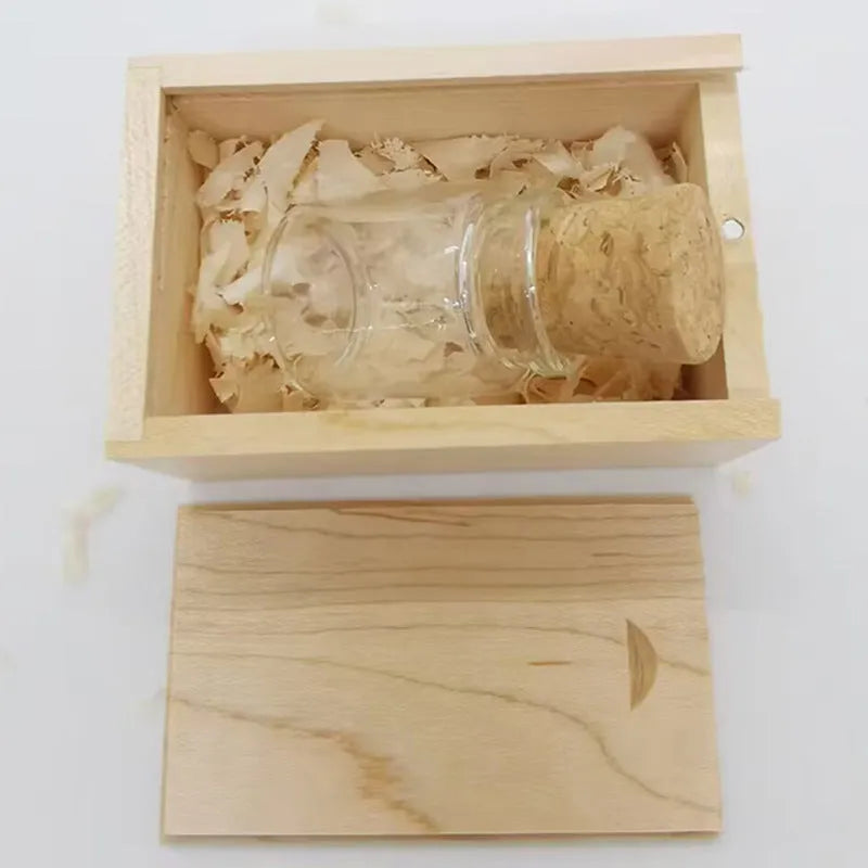 Transparent drift bottle USB flash drive with wooden stopper cap measuring 60mm tall