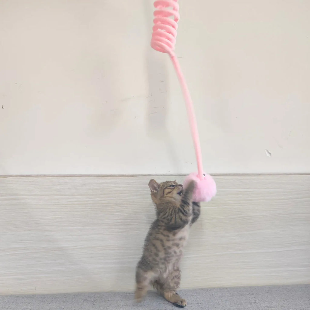 Plush cat toy with spring rabbit hair ball and bell badminton style, interactive funny cat stick for cats