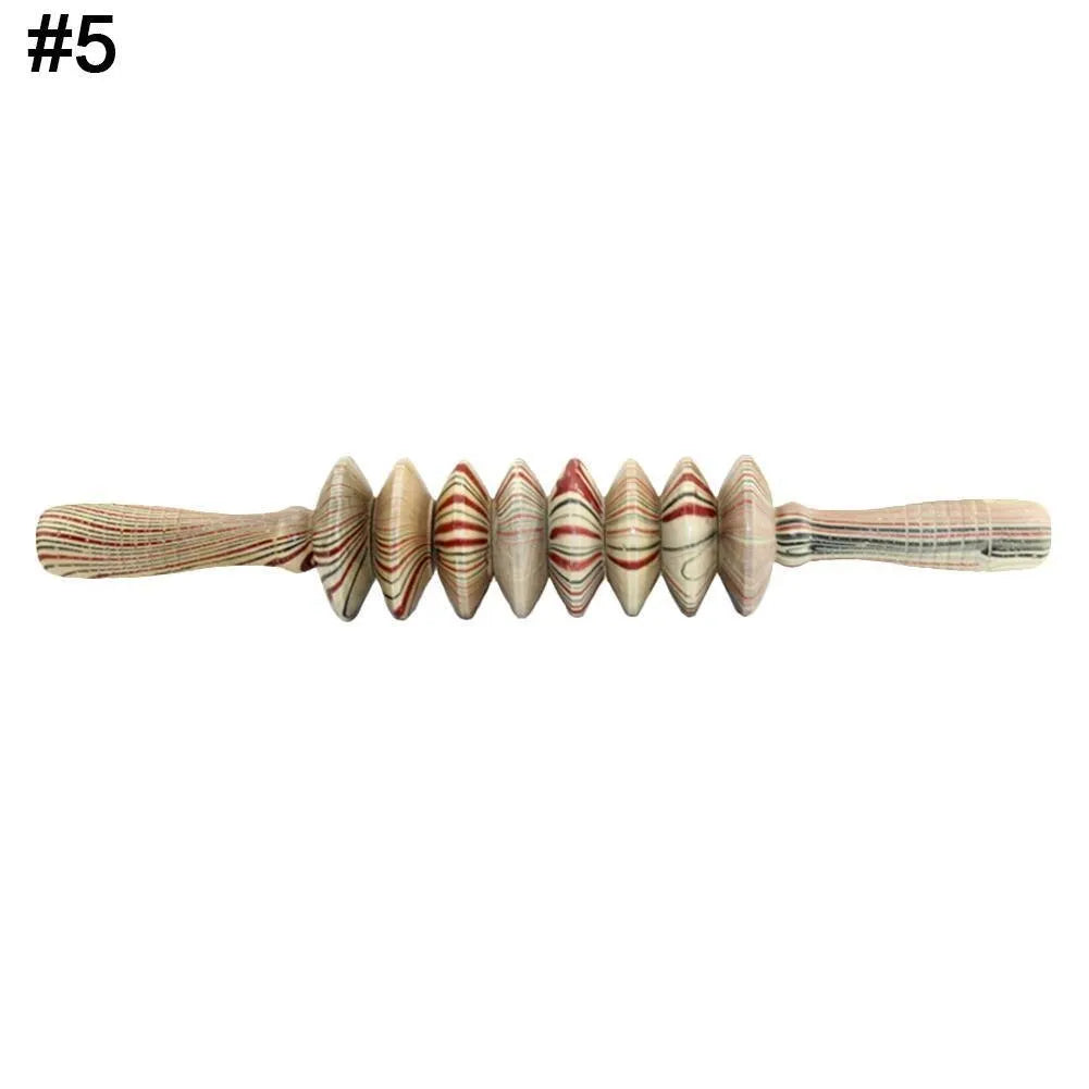 Wooden muscle massage roller stick, 39cm long with 18cm roller, 270g, five styles