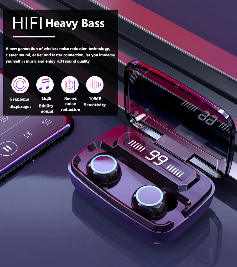 Black M11 style Bluetooth wireless in-ear headphones with a charging case showing a digital power display.