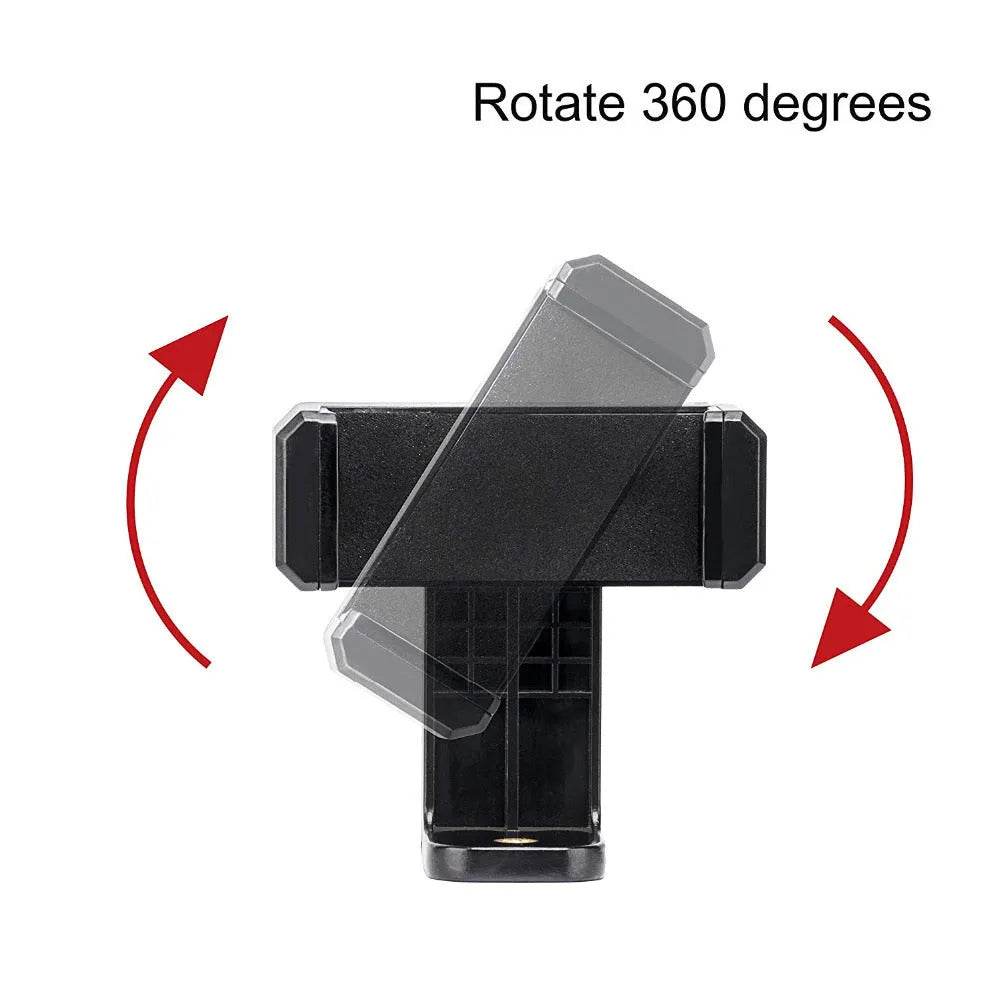 Black plastic single phone holder with rotating clamp on a desk