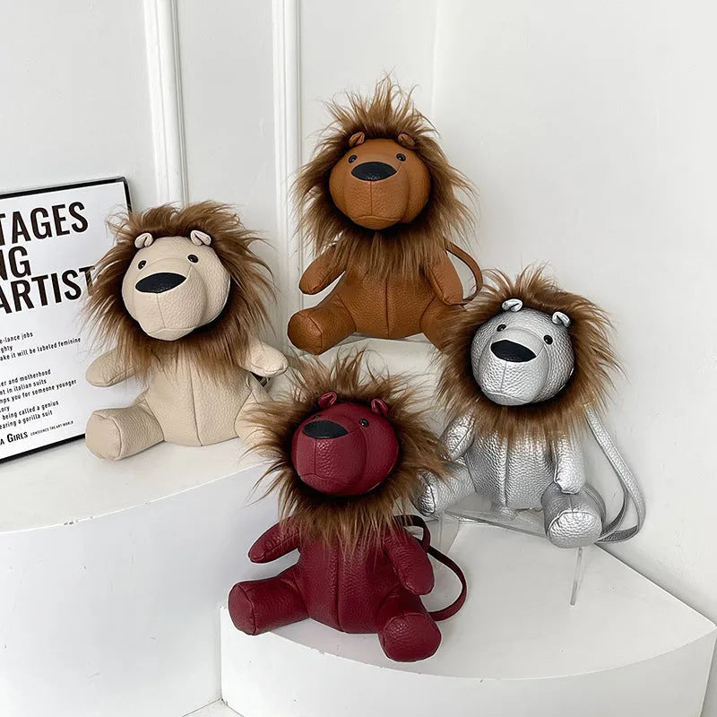 Plush lion casual bag in PU with polyester lining, single strap and inner phone pocket, shown in light brown, dark red, khaki or silver.