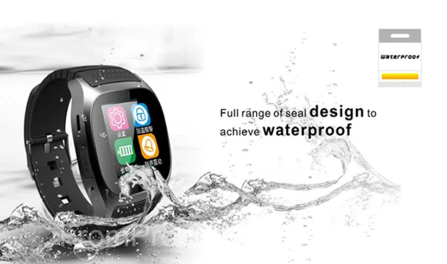 Black smart Bluetooth sports watch on a wrist, compatible with iPhone and Android phones.