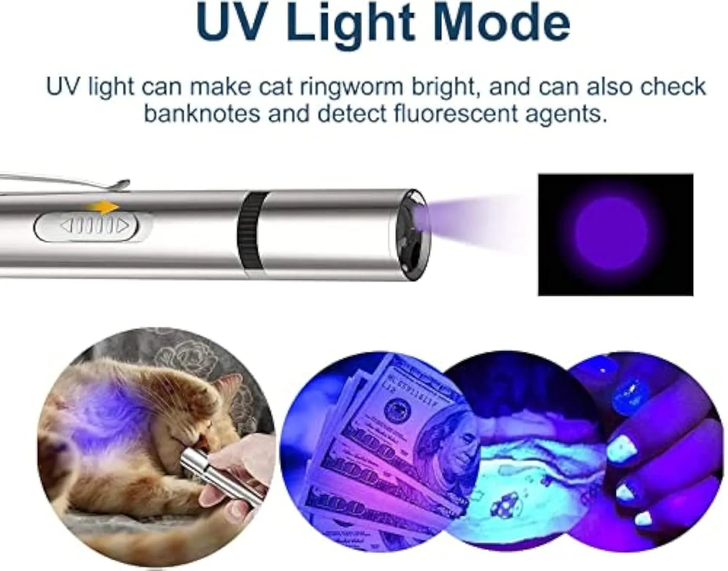 Silver aluminium cat laser pointer toy showing light patterns including red dot and mouse shape