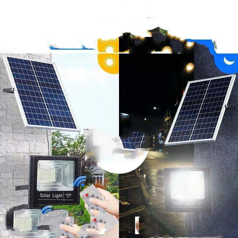 Black solar-powered LED flood light for outdoor garden and security use.