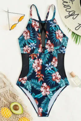 Women's deep V neck one-piece swimsuit in a solid colour or gradient print pattern.