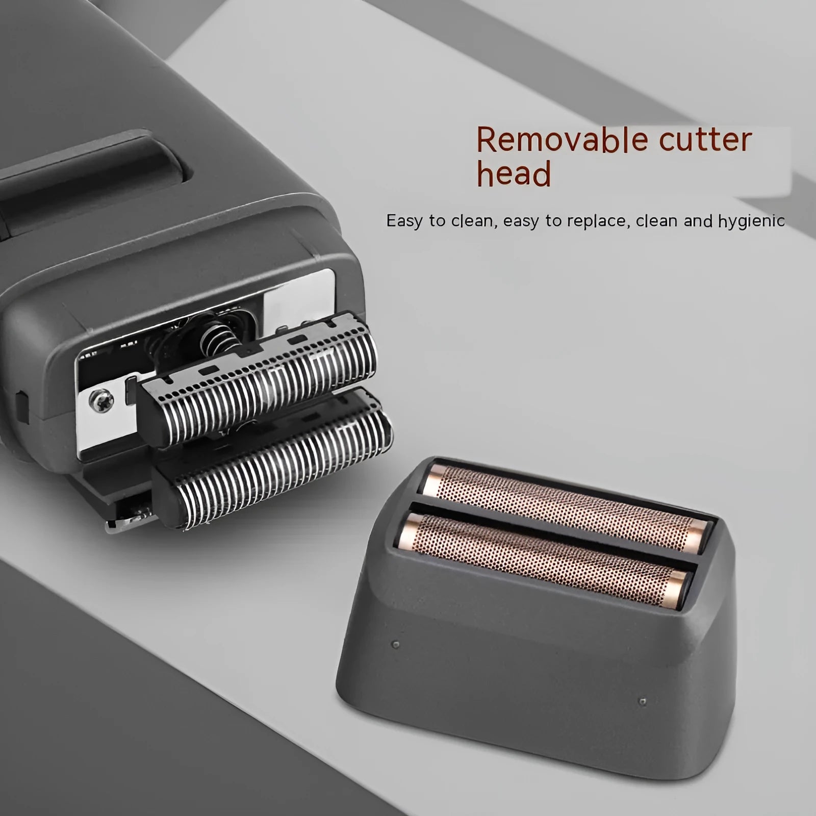 LCD display shaver with floating cutter head and adjustable sideburns trimmer in black