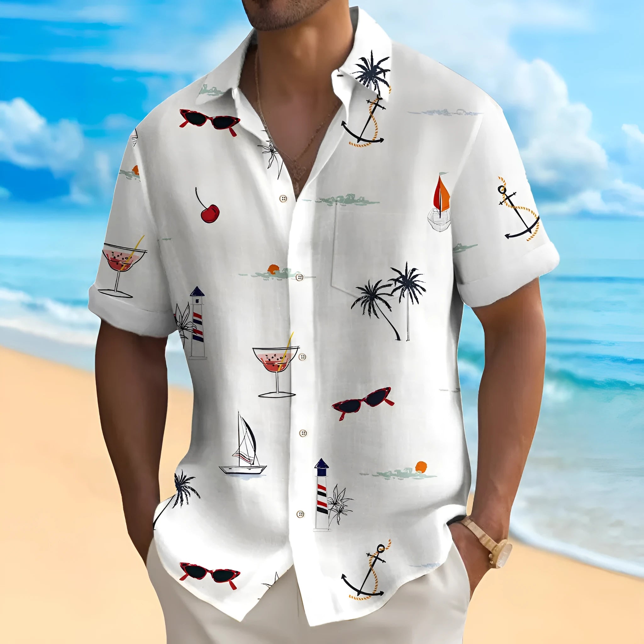 Men's loose fit Hawaiian shirt with digital print pattern in polyester fabric.