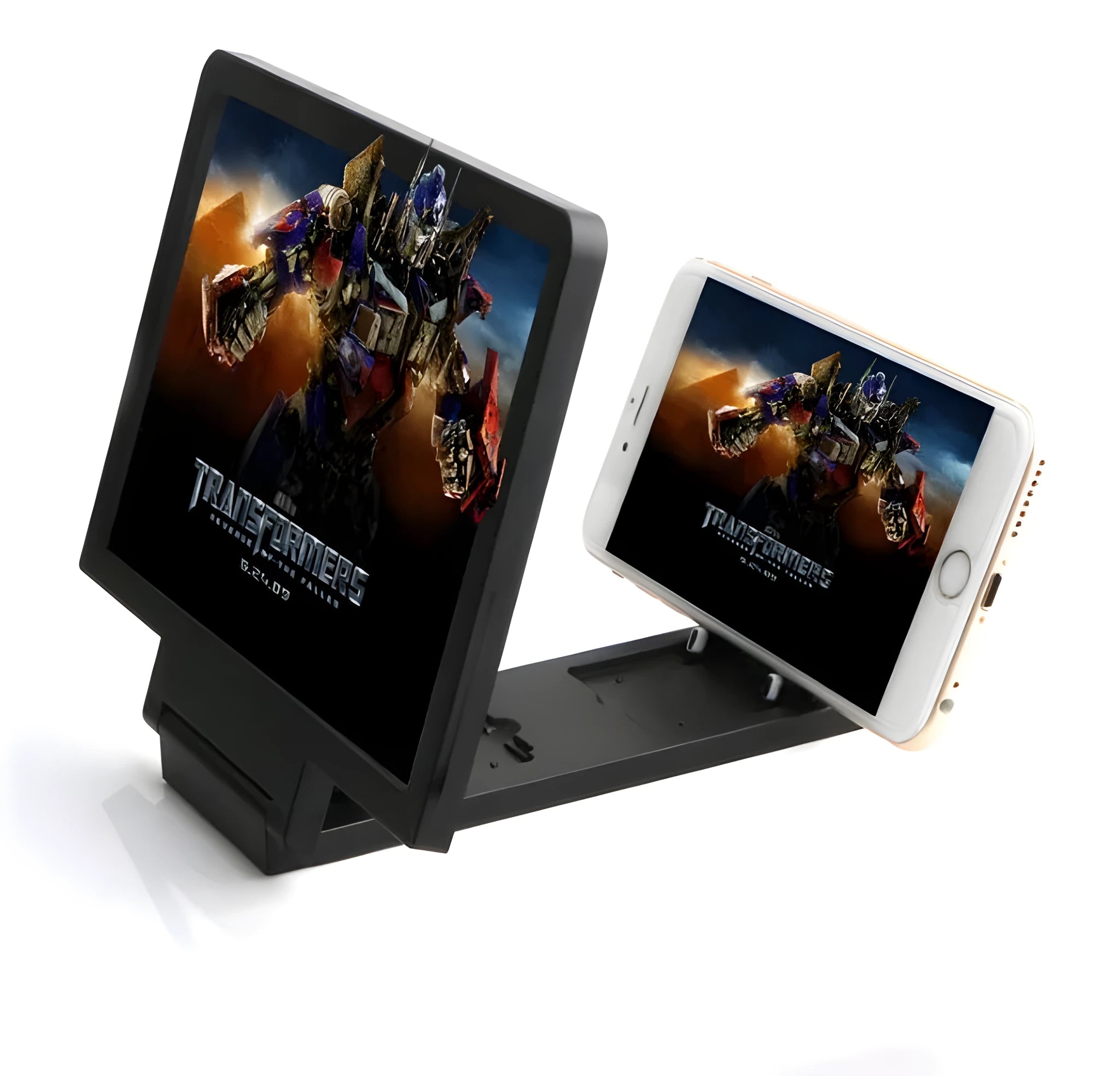 Black 3D screen amplifier mobile phone stand holding a smartphone on a table