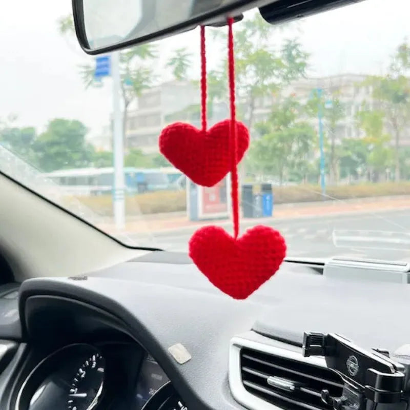 Green and white knitted wool macramé car air plant holder with hanging cord