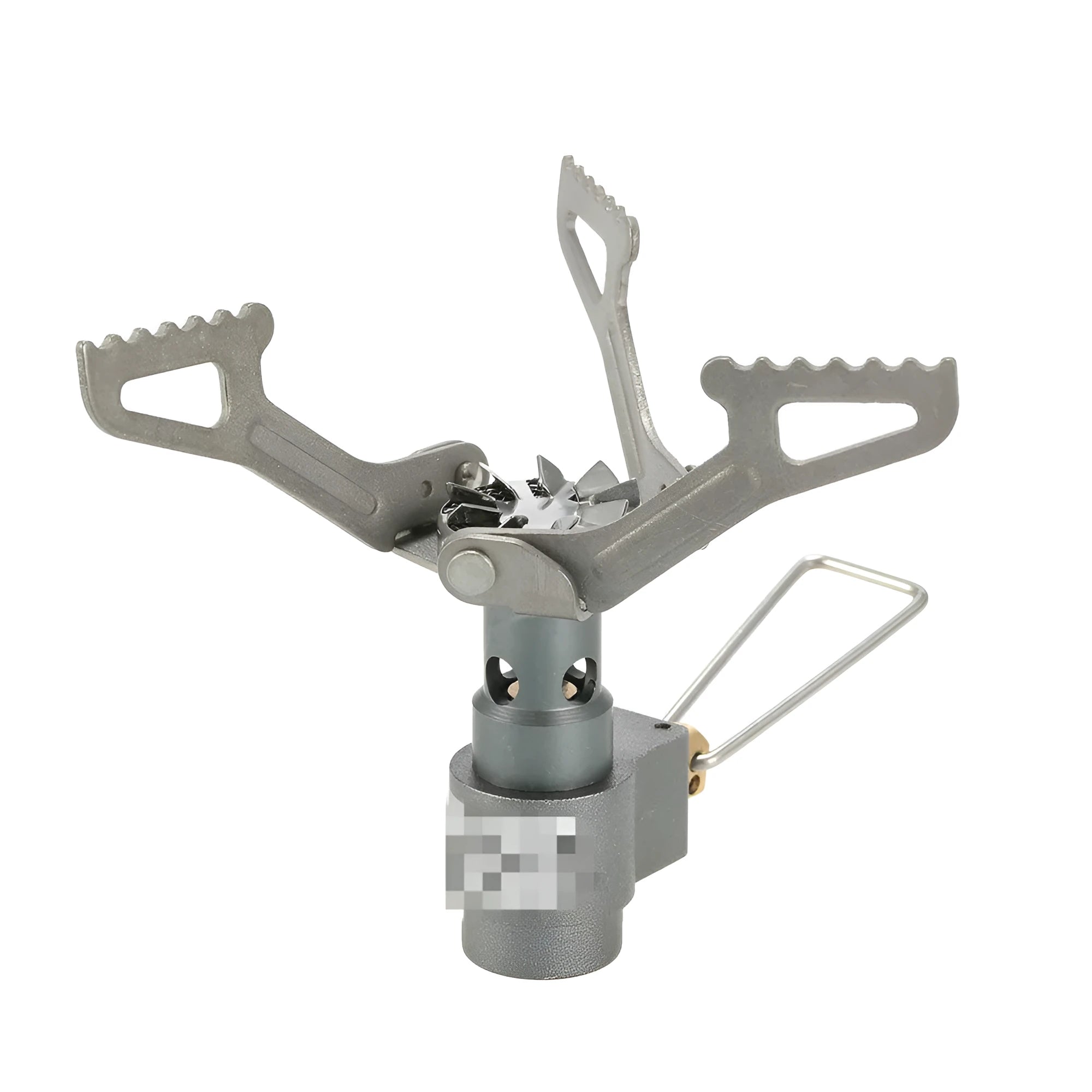 Portable camping gas stove with one-piece furnace on a rocky outdoor surface.