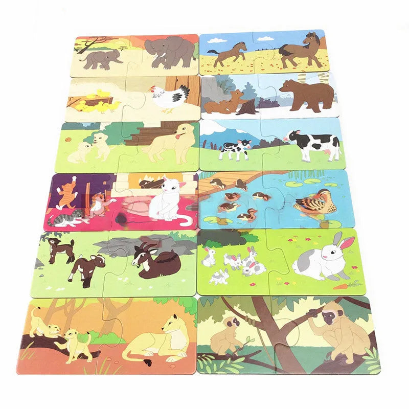 French children's puzzle toy with colourful picture and word matching cards on a table.