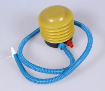 Blue and red port manual pedal pump for inflating swim rings on a white background.