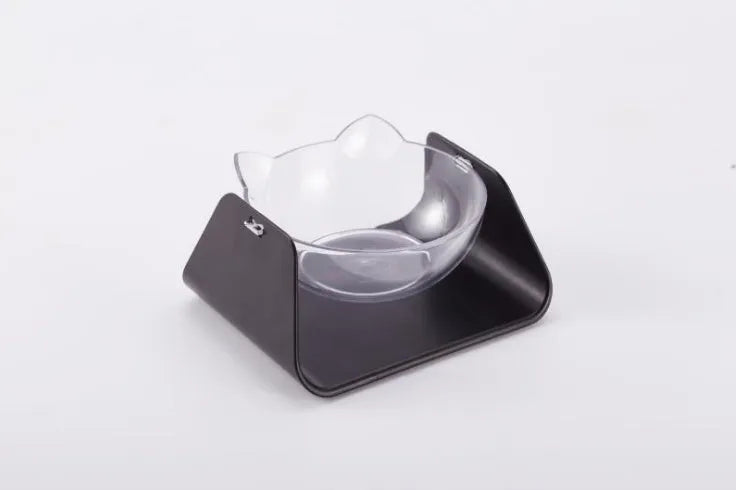 Protective cervical cat bowl in plastic with raised bevel design, shown in blue, pink, black, white, or yellow format.