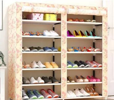 Actionclub thick non-woven double row multi-layer shoe cabinet, 120x30x110cm, with cloth cover and assembly parts