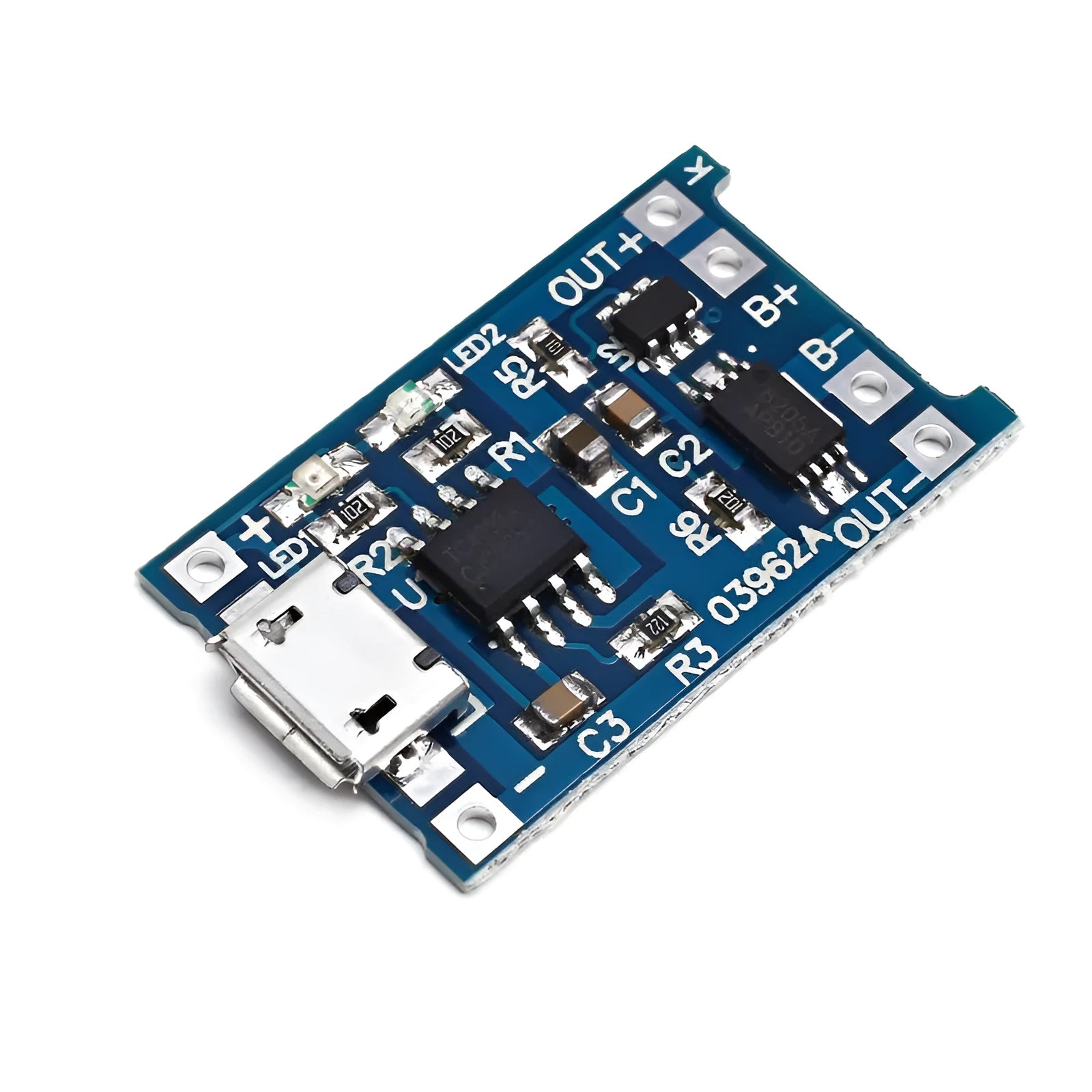 Blue lithium battery charging and protection integrated circuit board measuring 26x17mm