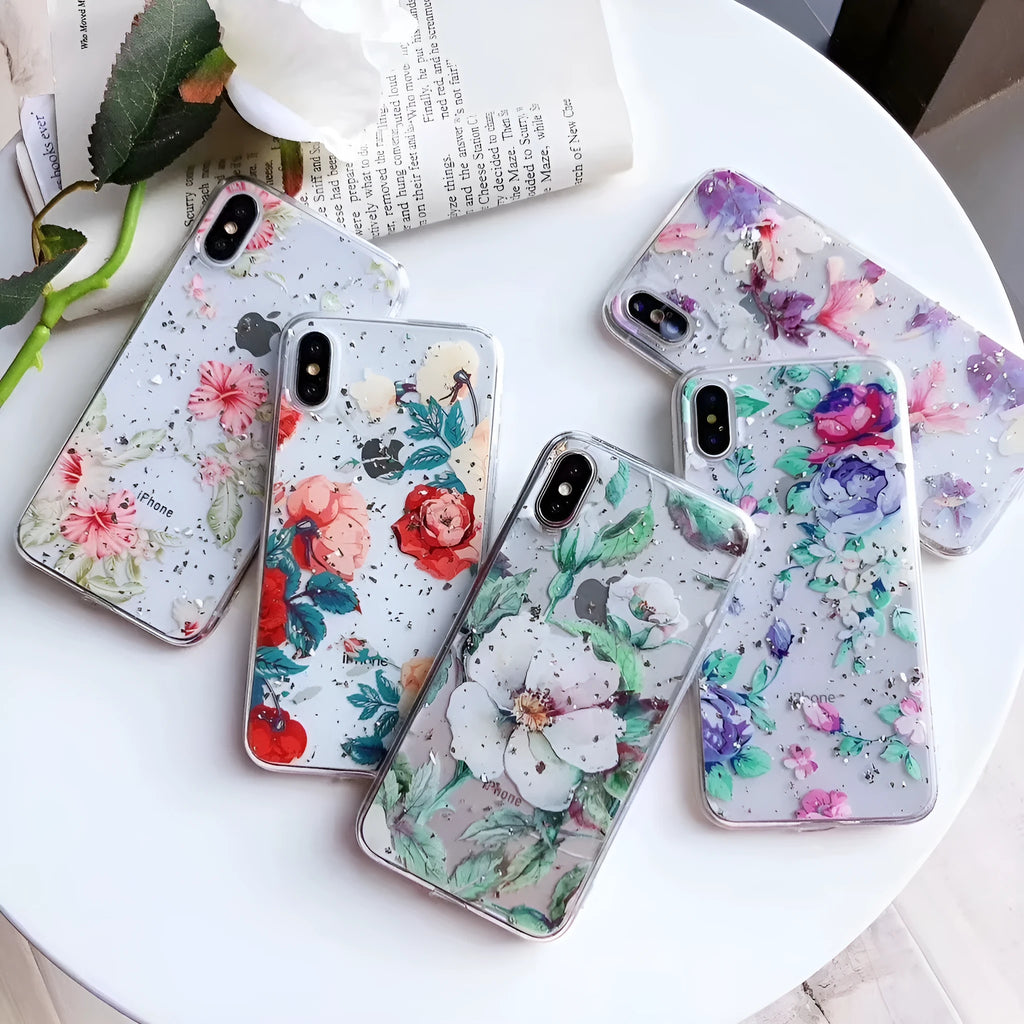TPU phone case with broken flowers and fruits gold foil epoxy design back cover