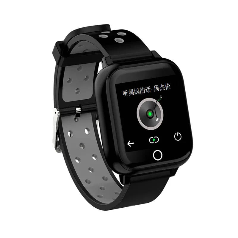 Smartwatch with Bluetooth earbuds stored in charging case showing heart rate display