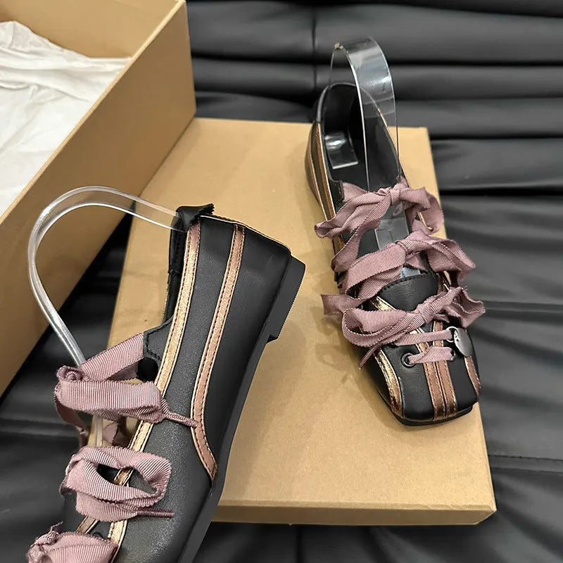 Black Mary Jane flat shoes with square toe and artificial PU upper, sizes 35 to 40