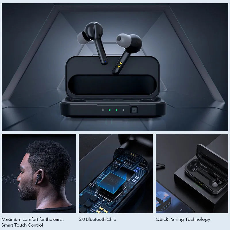 Black and white TWS wireless earbuds with Bluetooth 5.0 connectivity