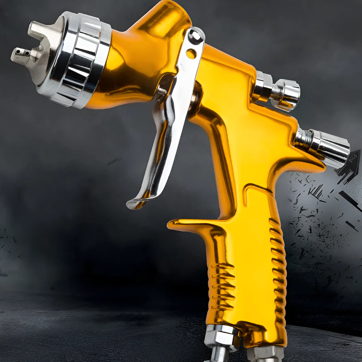 HVLP gravity feed paint spray gun with 1.3mm nozzle, aluminium alloy body and 600cc plastic pot in gold
