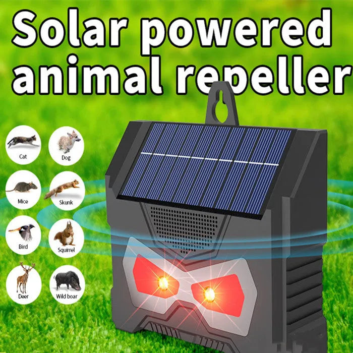 Black solar-powered ultrasonic animal repeller device for outdoor garden pest control