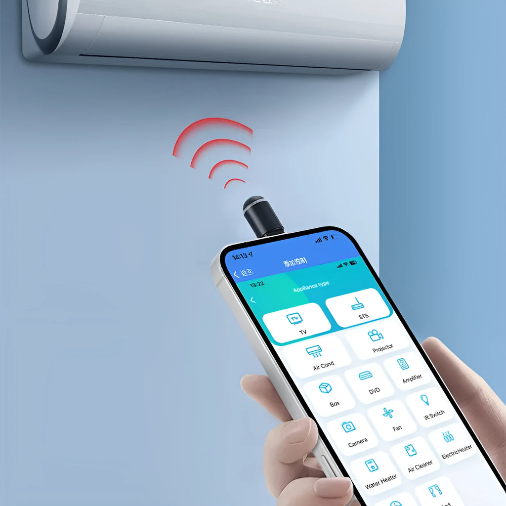 Black capsule infrared remote control emitter for smartphone with Lightning, Type-C, and Micro-USB interfaces