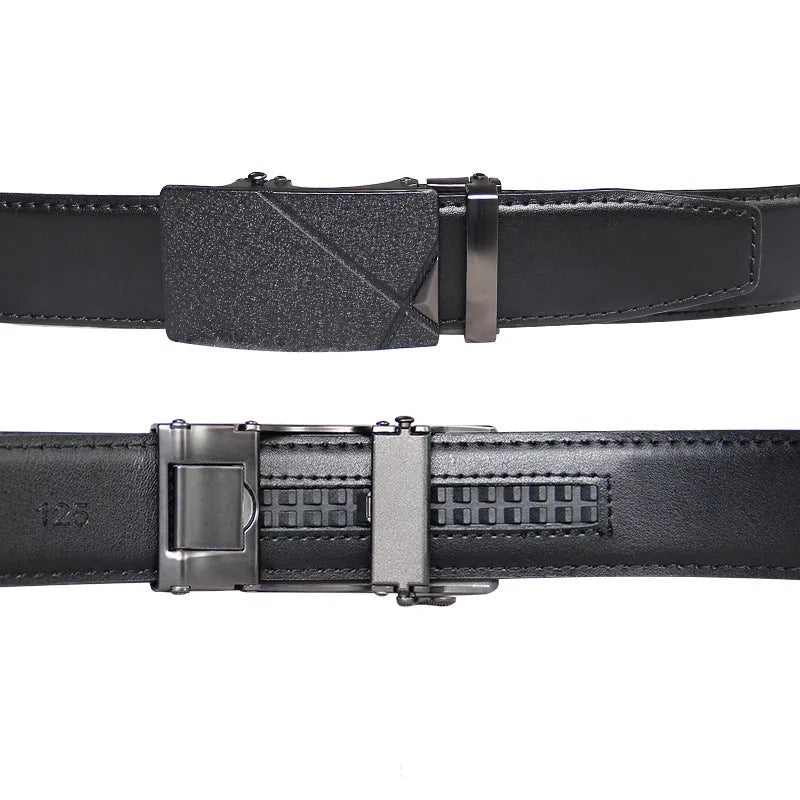 Men's automatic buckle leather belt in two-layer cowhide, 3.4cm wide, with alloy buckle, shown in Black