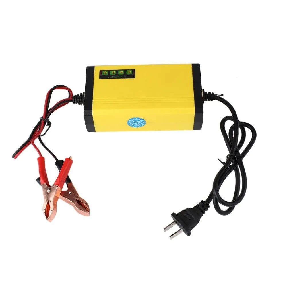 Yellow 12V 2A motorcycle battery charger with ABS body, alligator clips and EU plug
