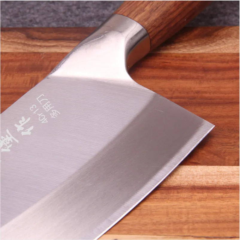 Stainless steel kitchen knife with yellow wooden handle and 19.8cm blade