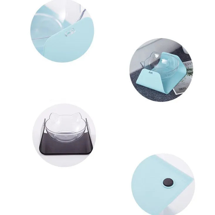 Protective cervical cat bowl in plastic with raised bevel design, shown in blue, pink, black, white, or yellow format.