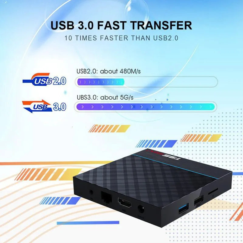 Black T95 Max Plus Android TV box unit with remote control, showing EU, UK, and US power plug options