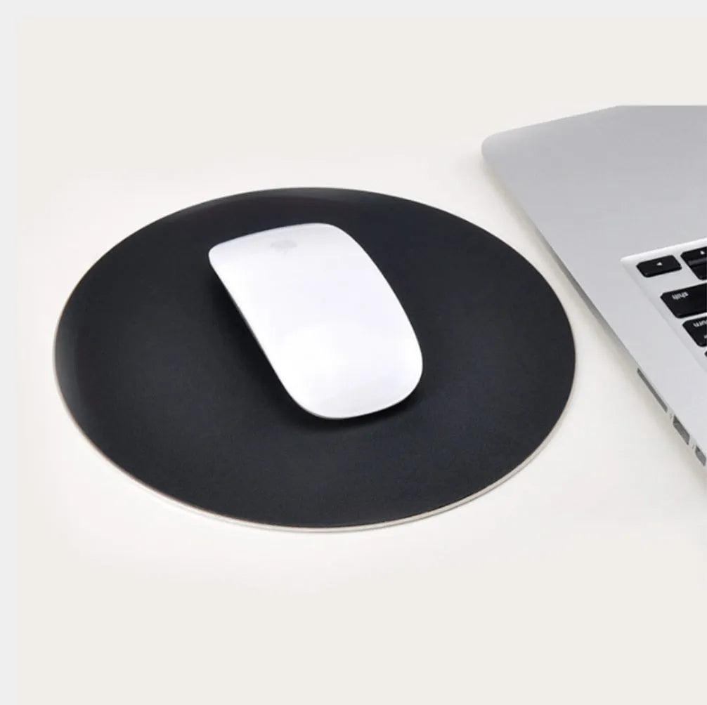 Round aluminium alloy mouse pad, 200mm diameter and 3.5mm thick, shown in black, gold, red, rose gold, and silver