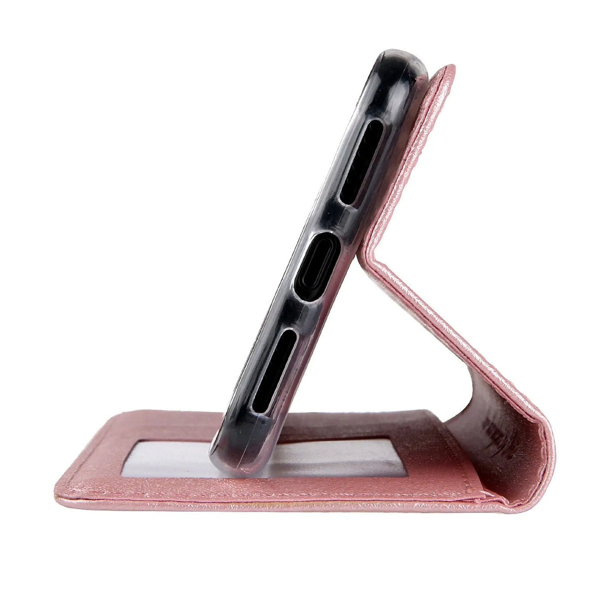 Apple iPhone flip case in PU leather with a built-in card slot, shown in various colours.