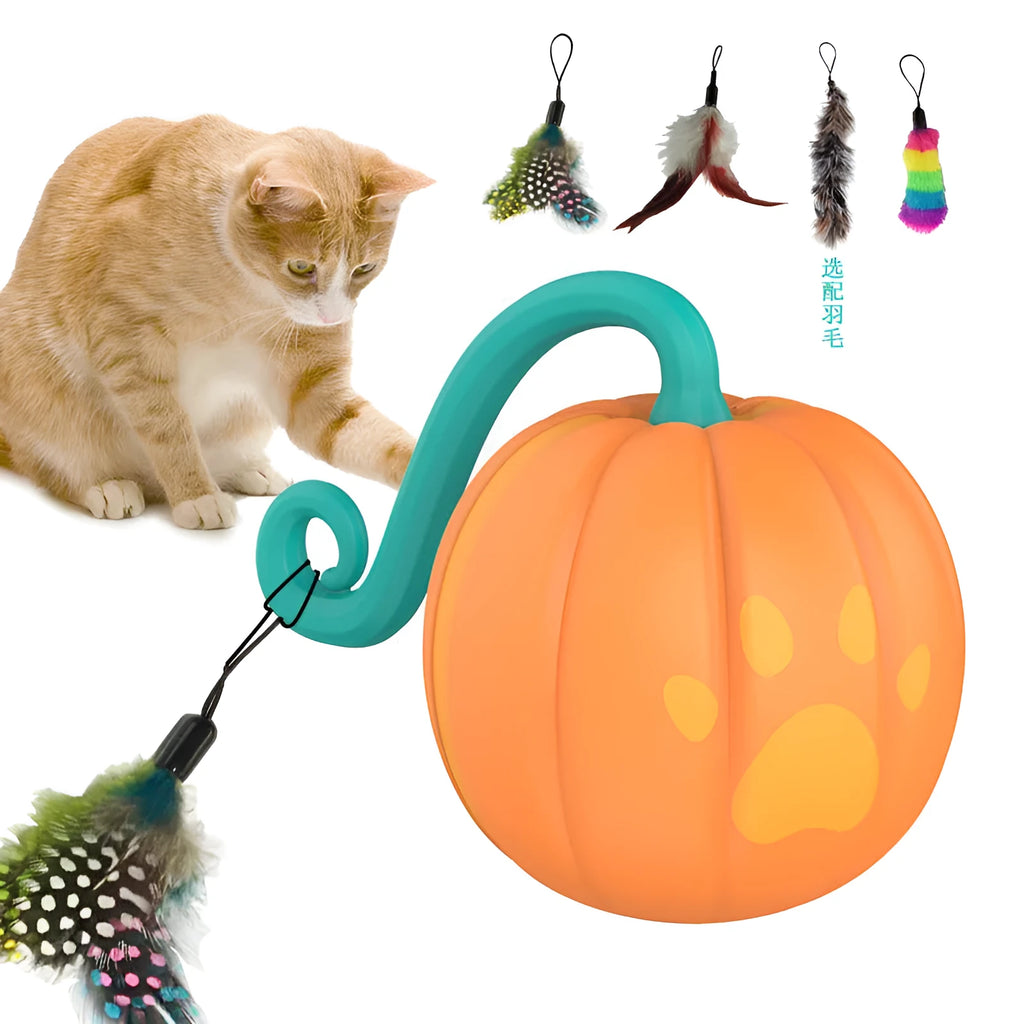 USB rechargeable electric luminous cat teasing ball toy in watermelon or pumpkin colour.