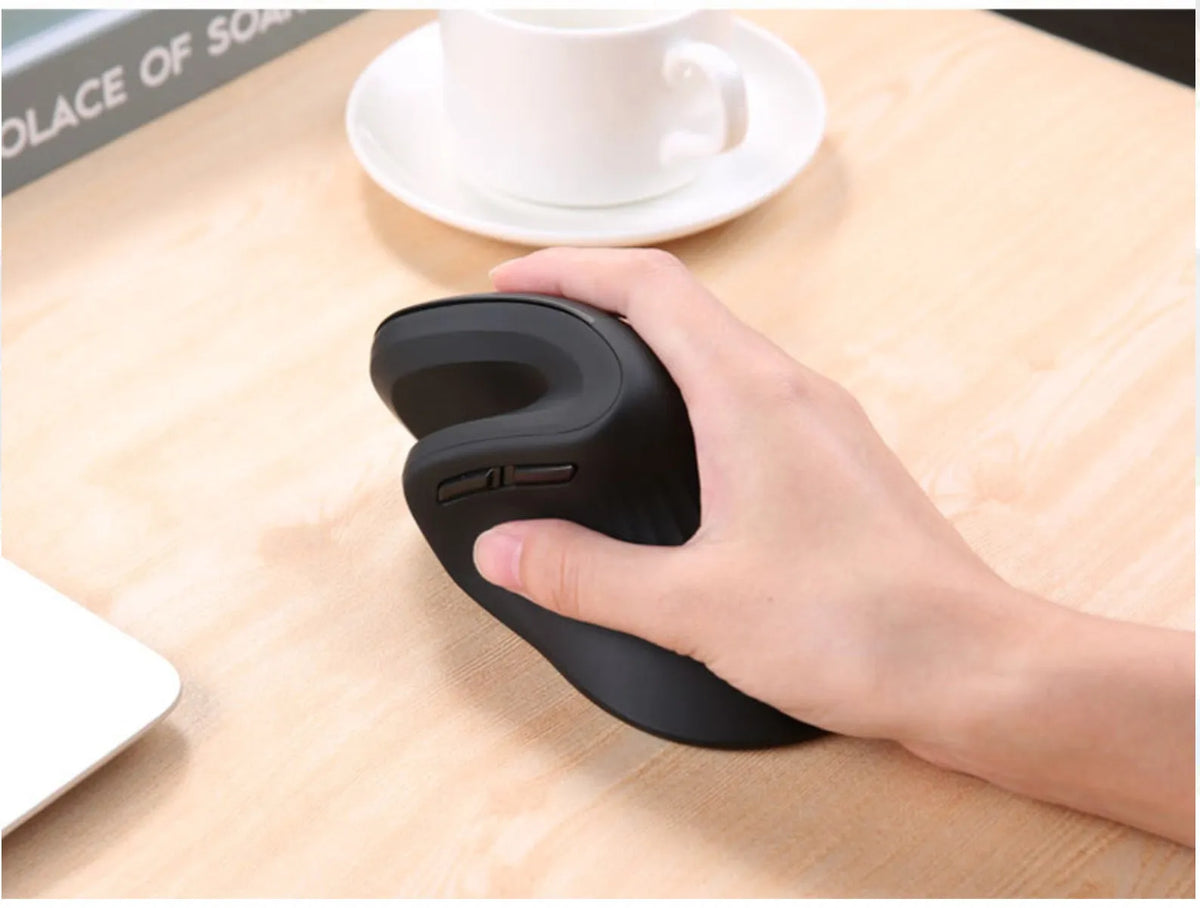 Black wireless vertical mouse with six buttons, extended wrist rest, diamond-pattern waist and adjustable DPI