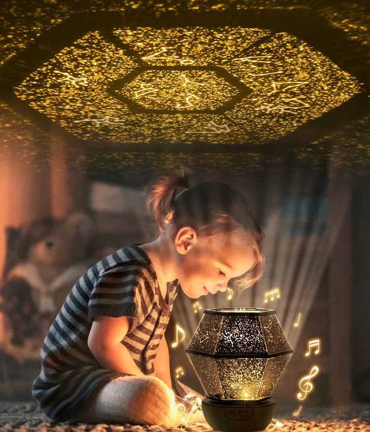 Children's rotating star projector night light projecting blue and green starlight onto a bedroom wall.