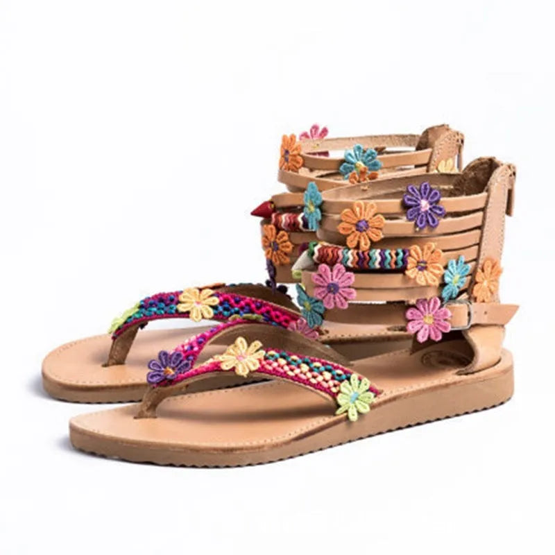 Ethnic beaded petal Roman sandals with floral decoration on artificial PU upper