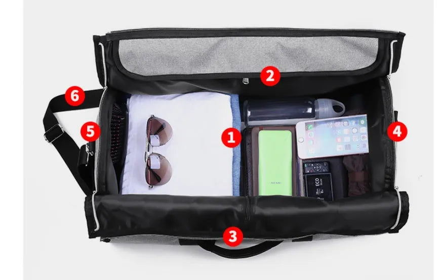 Cylinder-shaped medium travel bag in oxford cloth, shown in black, with a zipper closure.