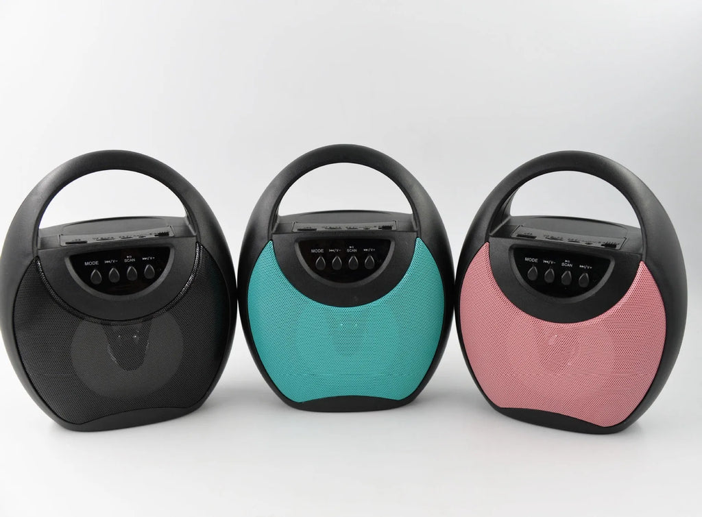 Portable Bluetooth speaker in black plastic casing with USB and SD card slots