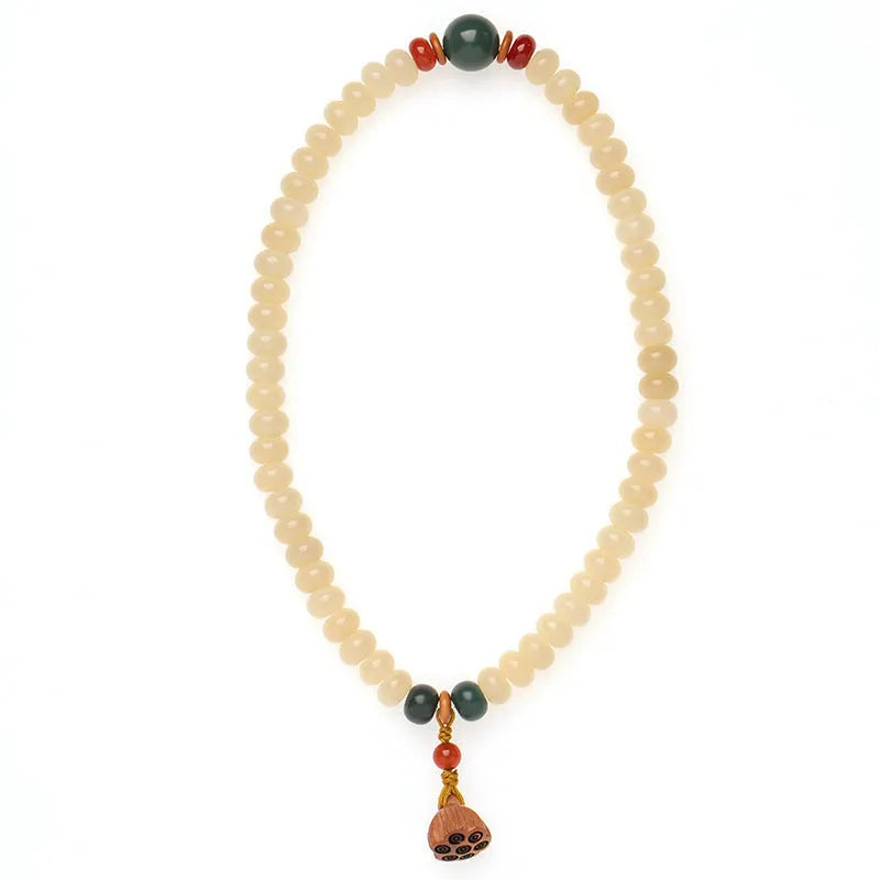 Cream Bodhi root wooden bracelet with 6 x 9mm flat round beads and double ring design for 15-20cm wrist