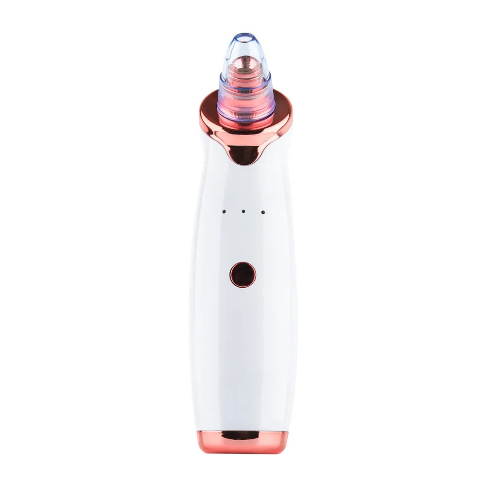 Handheld electric blackhead remover device in black with multiple nozzle attachments.