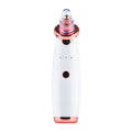 Handheld electric blackhead remover device in black with multiple nozzle attachments.