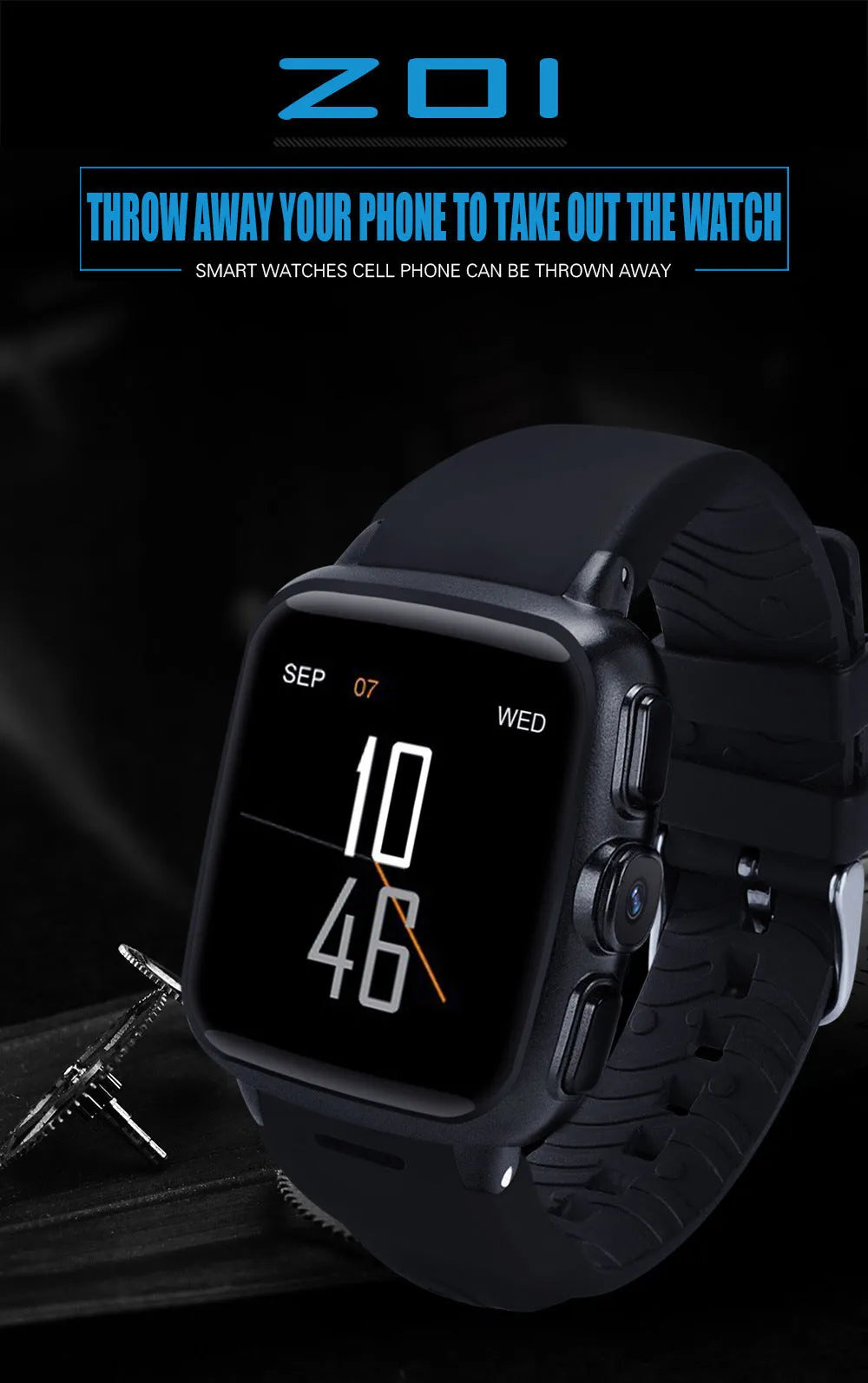 Z01 smart watch with 1.54 inch screen in black or white, showing HD touchscreen and wrist strap.