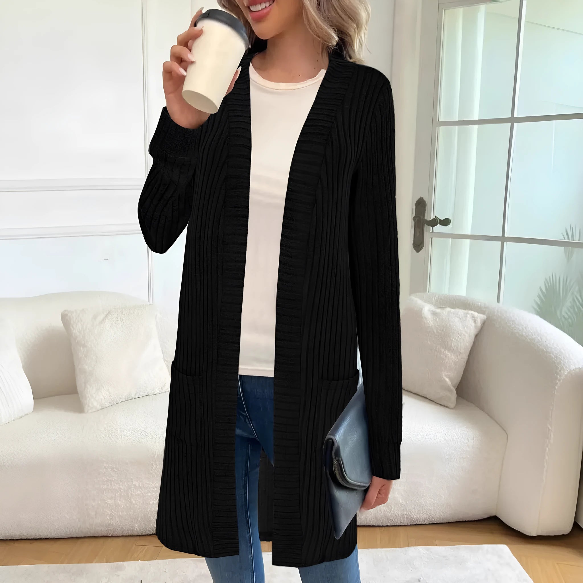 Loose knitted cardigan jacket in black wine red or gray with long sleeves and pockets