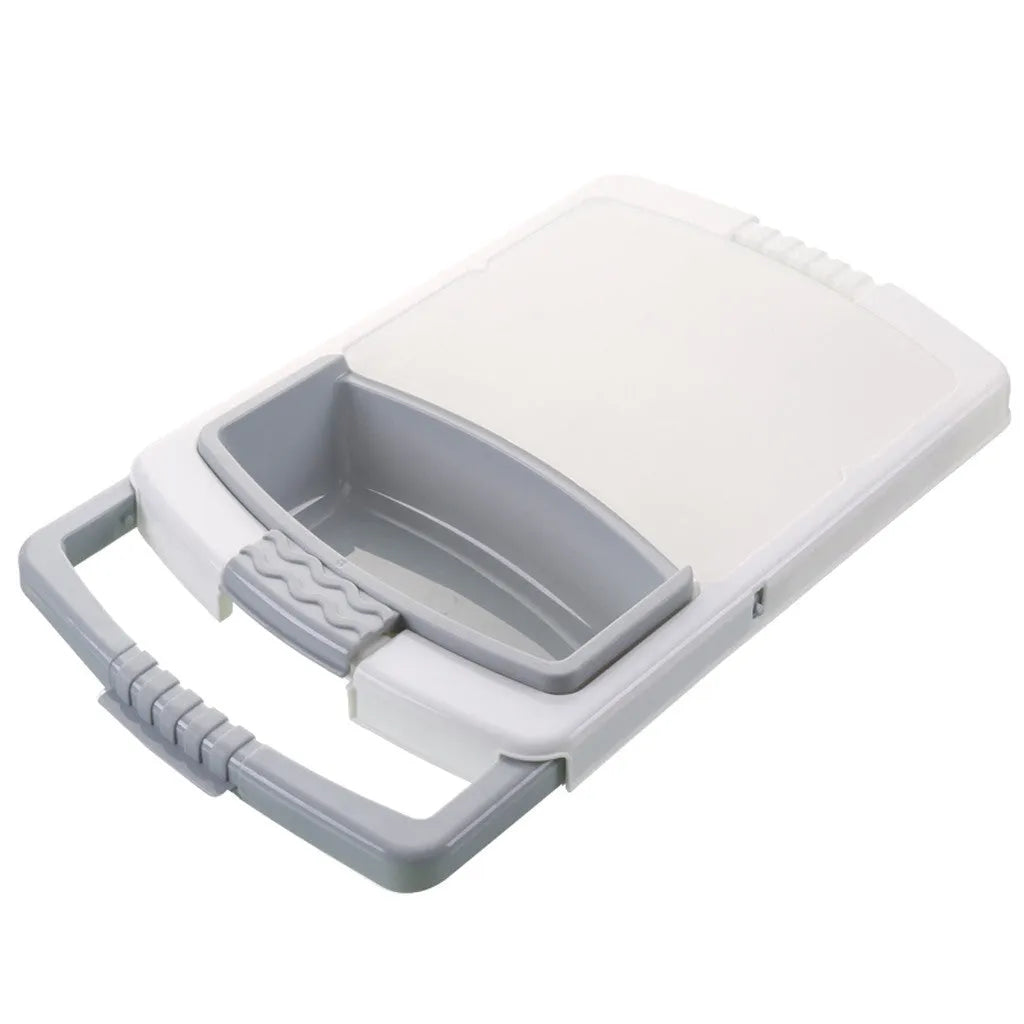 Multi-function kitchen drain cutting board in green, blue or grey, 48x8.7x25cm, with sink basket and storage trough.