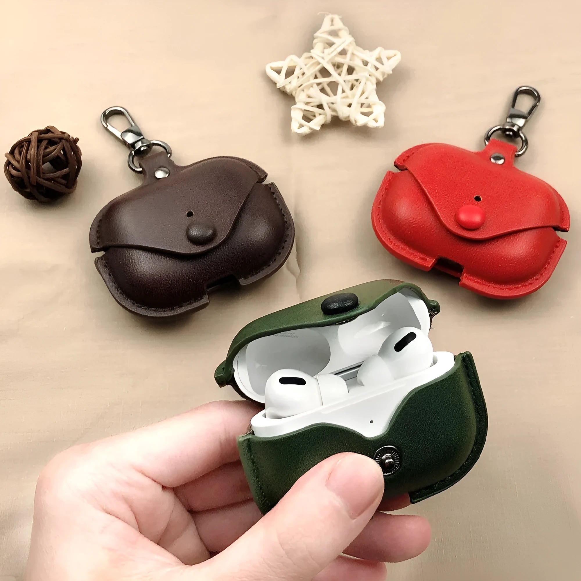 AirPods Pro protective leather case sleeve in PU with cross pattern design showing precise fit dimensions